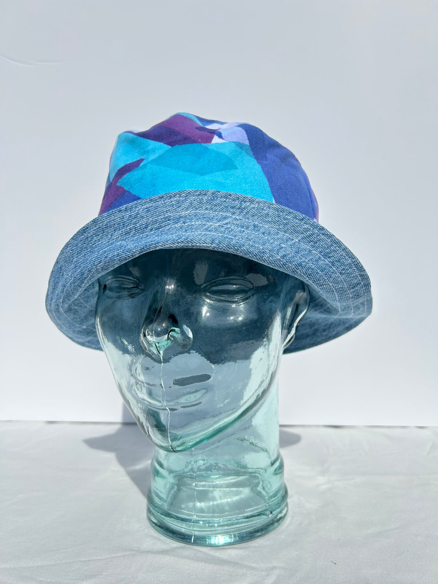 Handmade Reversible Bucket Hat - Medium Purple & Blue patchwork and Blue Denim