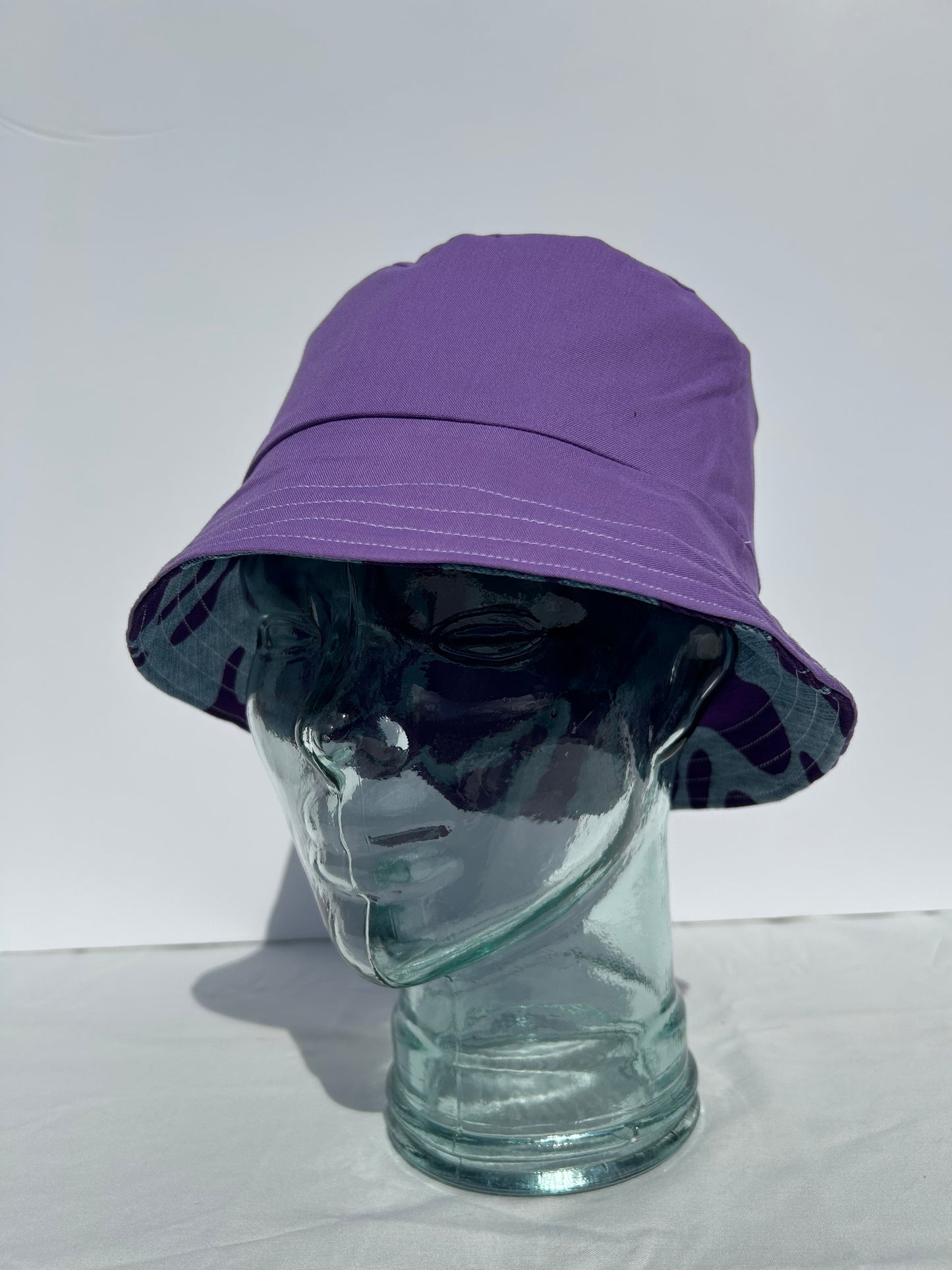 Handmade Reversible Bucket Hat - Medium Purple Cleo Print and Purple cotton