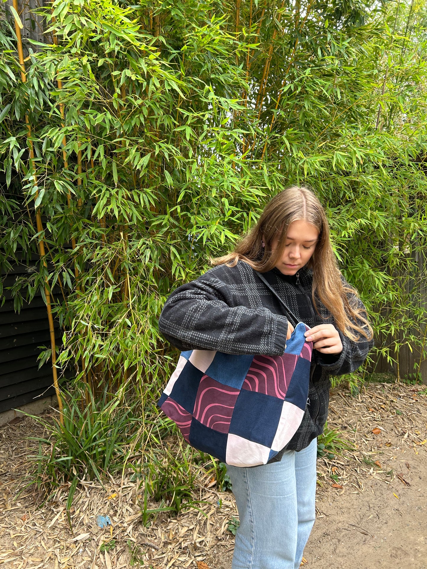 Upcycled Denim Patchwork Shoulder Bag - Blues, Pink & Purple