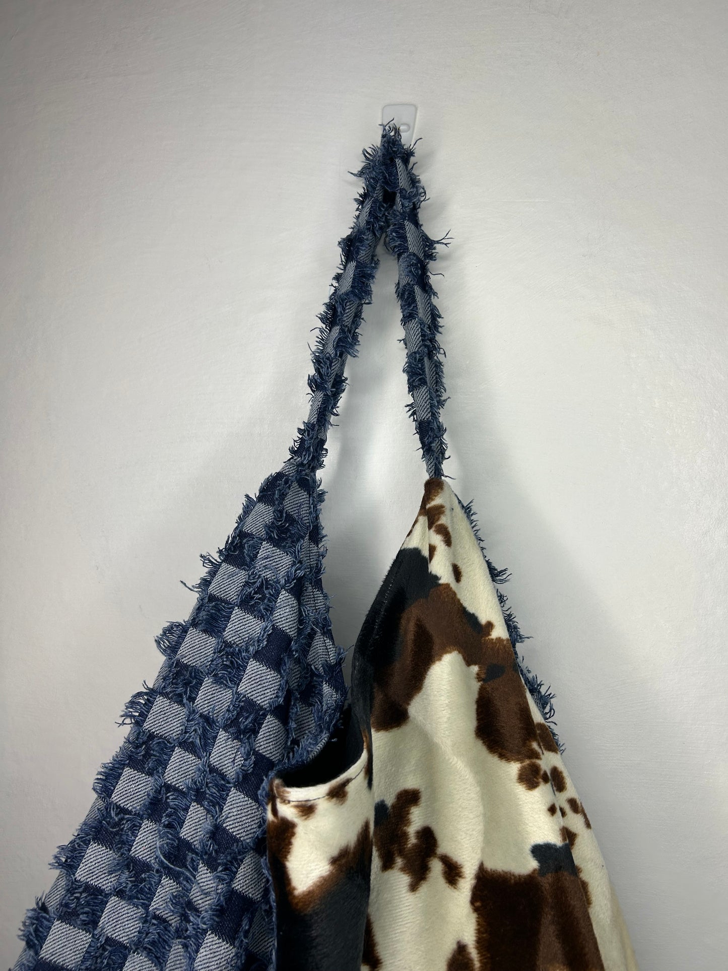 Denim and Cow print Everything Shoulder Bag - Blues