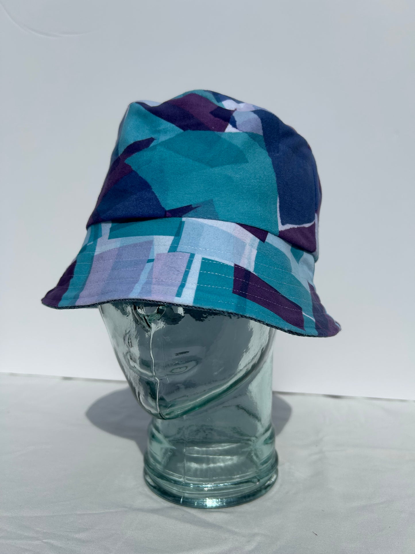 Handmade Reversible Bucket Hat - Medium Purple & Blue patchwork and Blue Denim