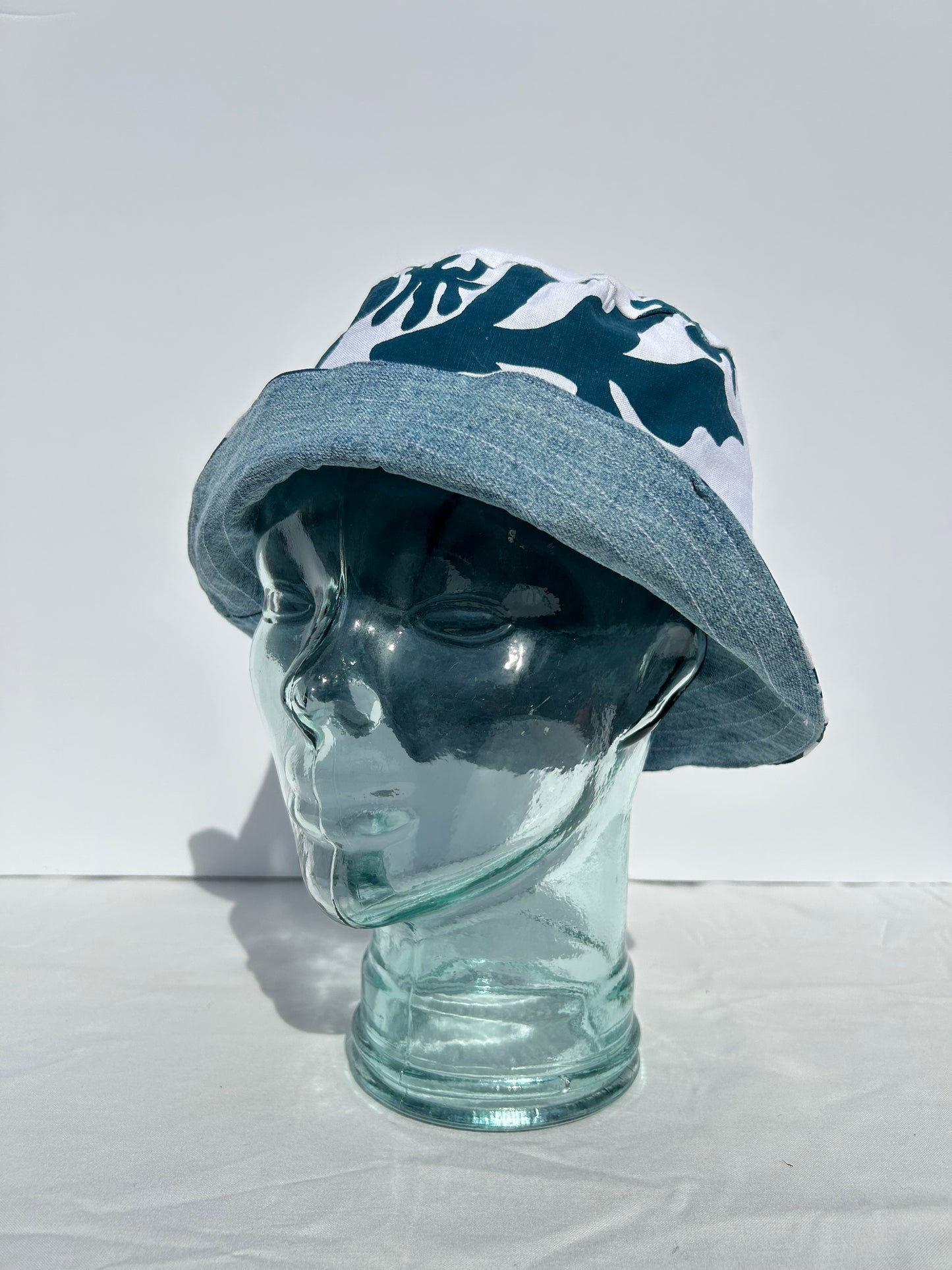 Handmade Reversible Bucket Hat - Medium Teal Cleo Print and Blue Denim