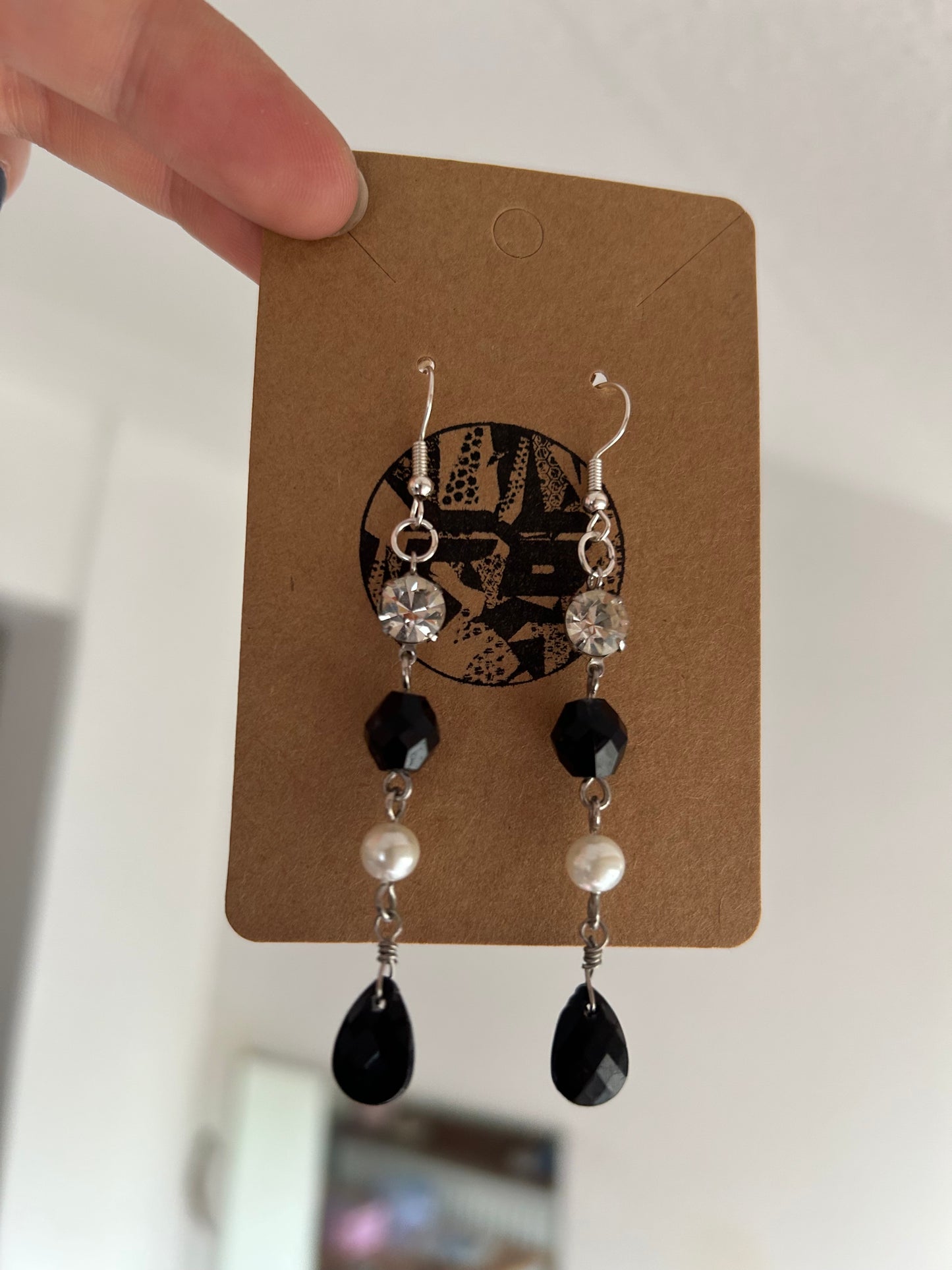Elegant Noir & Pearl Dangle Earrings | Up-cycled