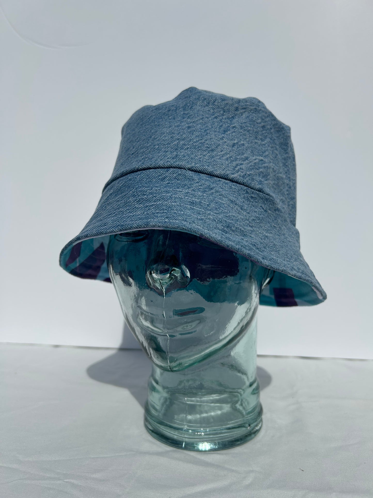 Handmade Reversible Bucket Hat - Medium Purple & Blue patchwork and Blue Denim