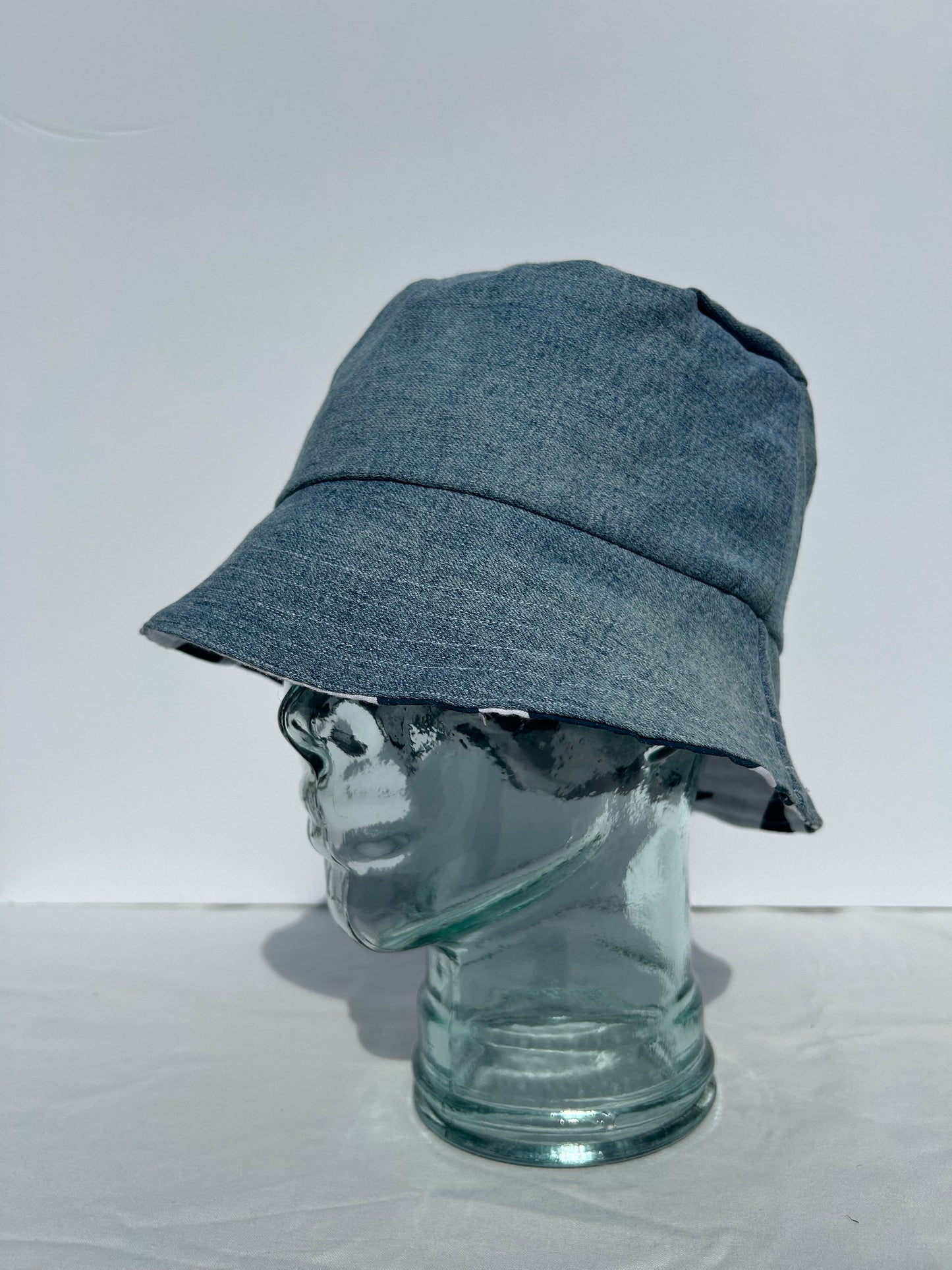 Handmade Reversible Bucket Hat - Medium Teal Cleo Print and Blue Denim