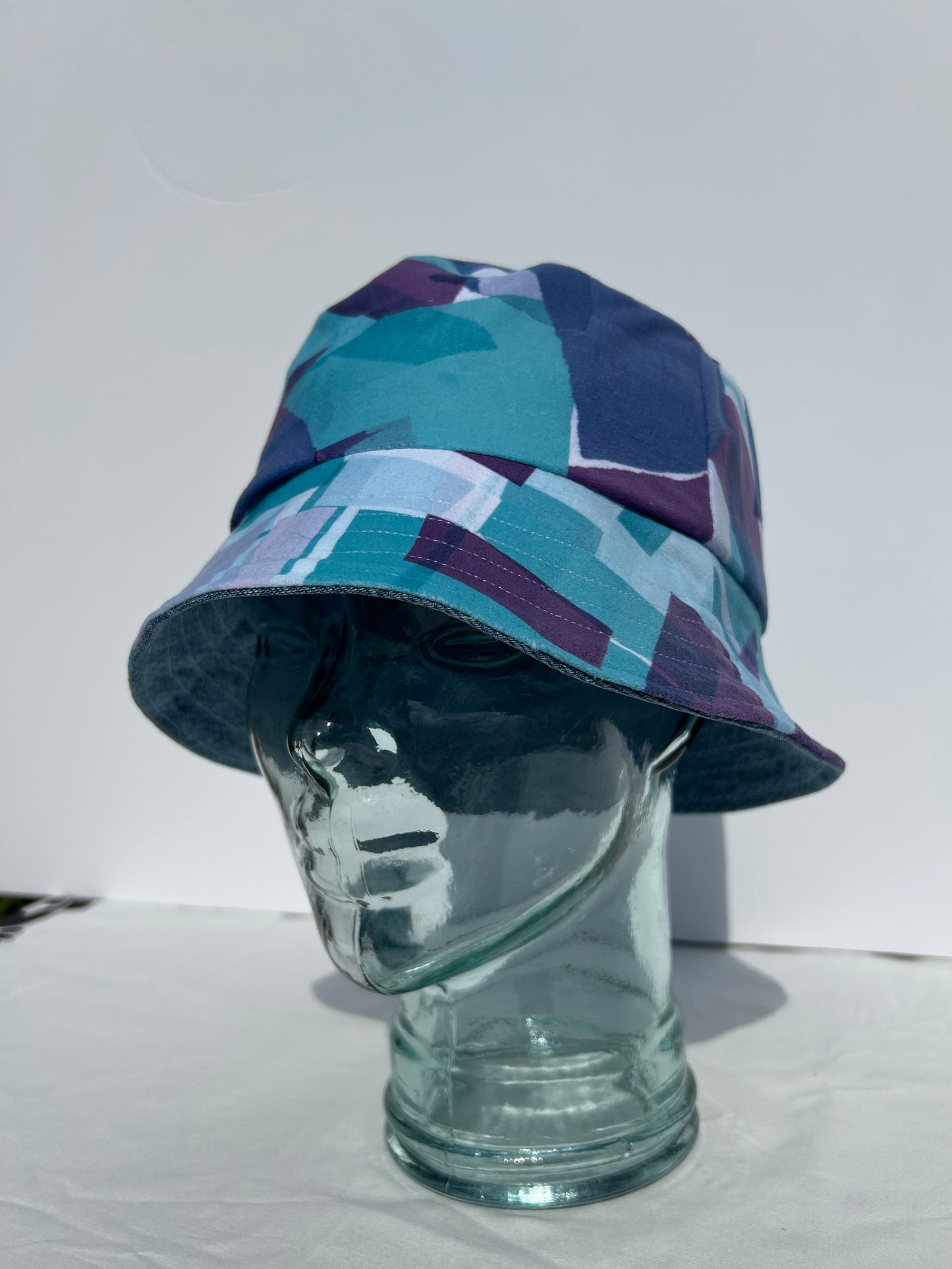 Handmade Reversible Bucket Hat - Medium Purple & Blue patchwork and Blue Denim