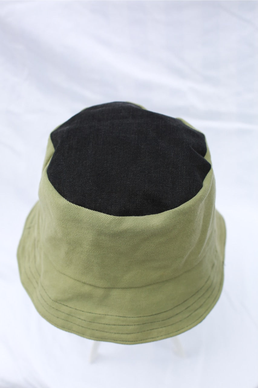 Handmade Reversible Bucket Hat - Medium Green and Black Geometric and Black and Green Denim
