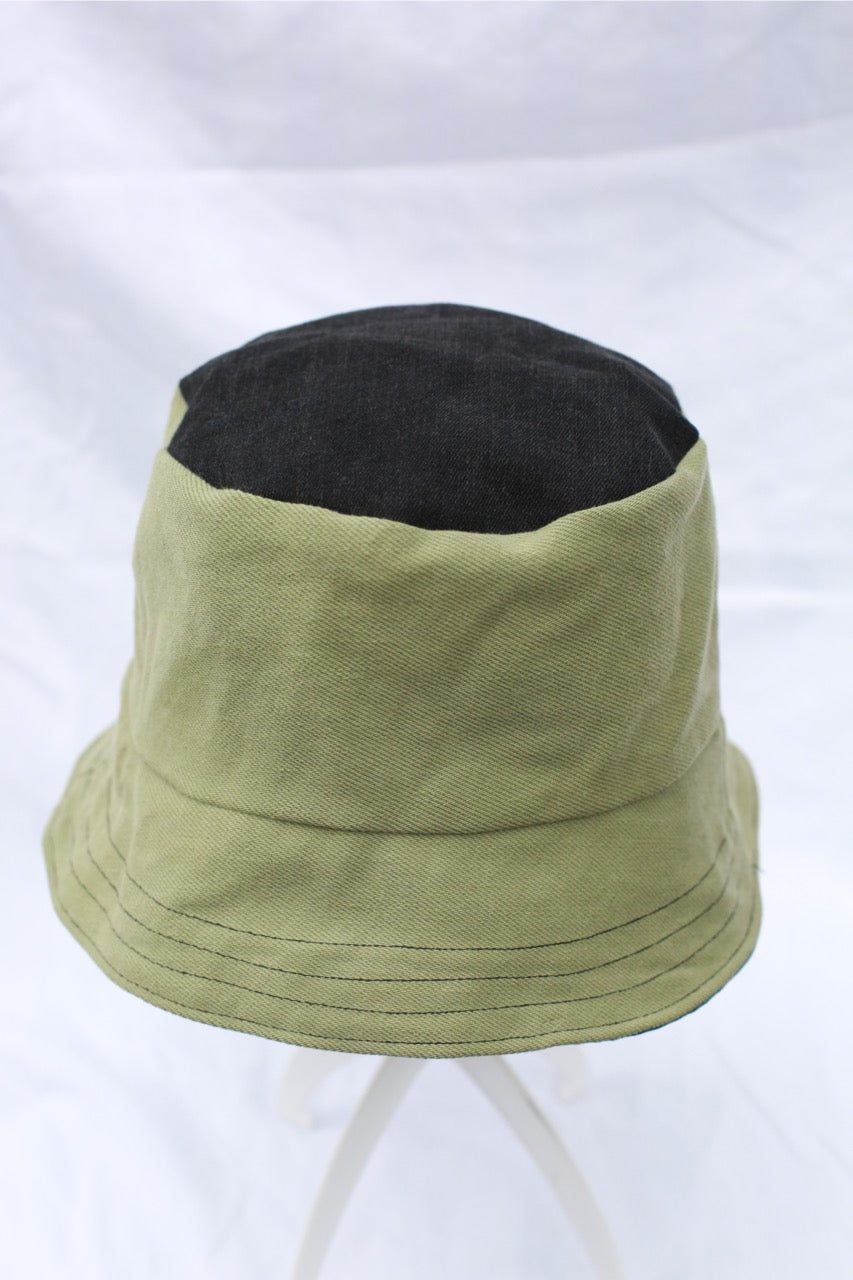 Handmade Reversible Bucket Hat - Medium Green and Black Geometric and Black and Green Denim
