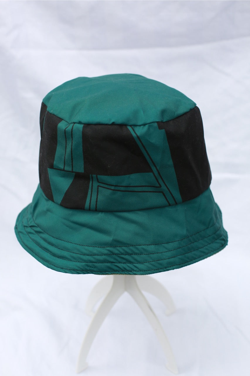 Handmade Reversible Bucket Hat - Medium Green and Black Geometric and Black and Green Denim