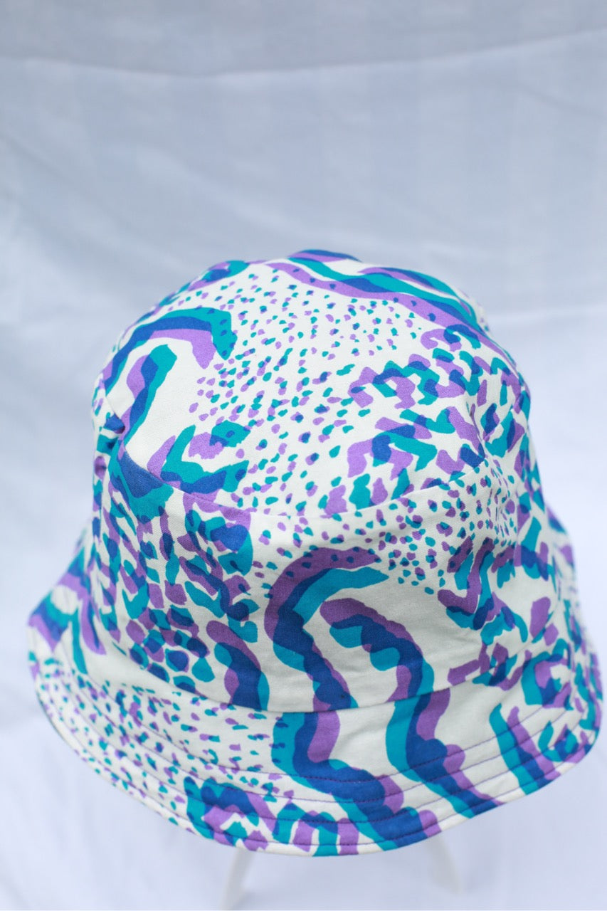 Handmade Reversible Bucket Hat - Medium Blue & Purple Animal Print and Denim