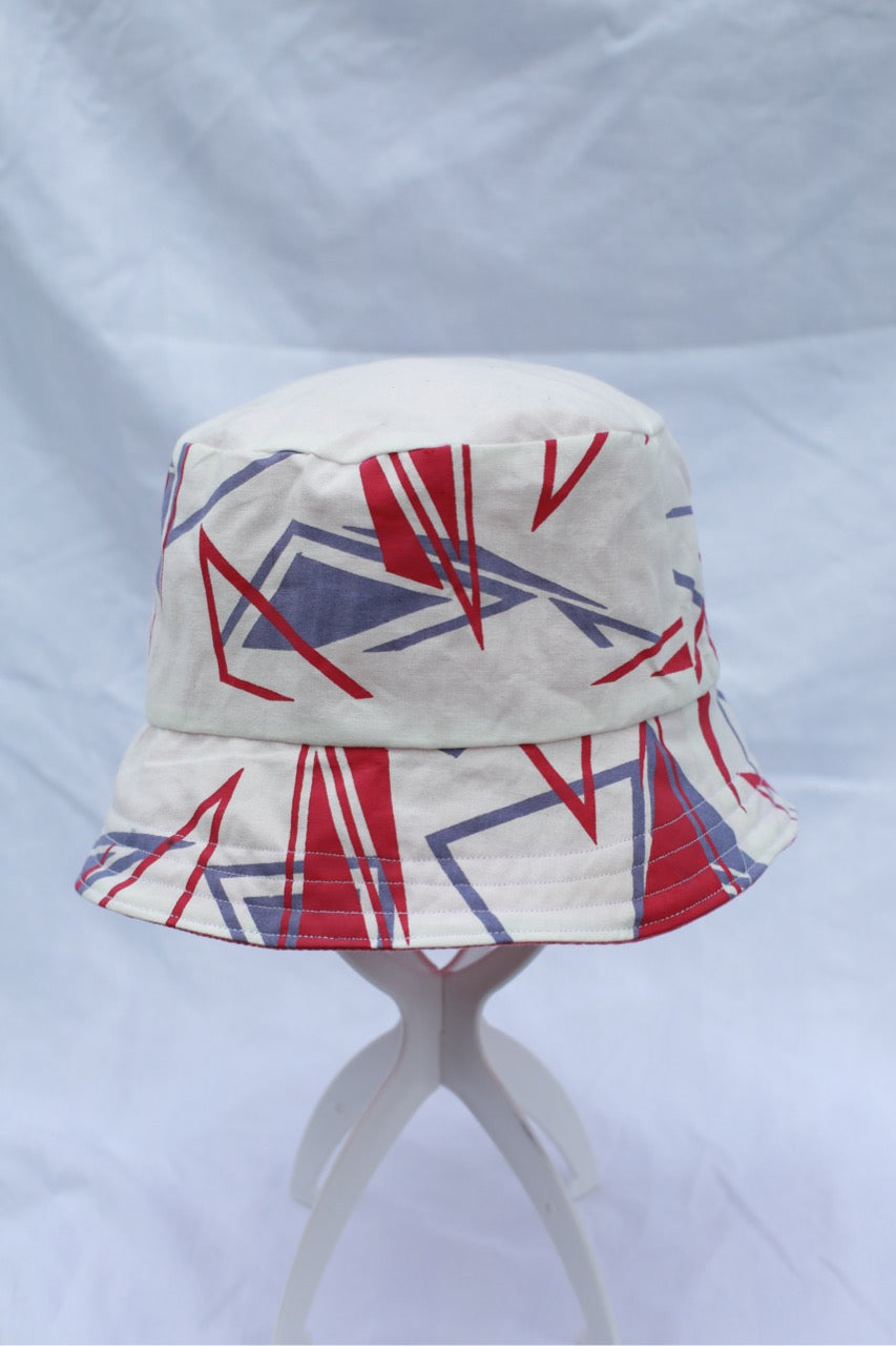 Handmade Reversible Bucket Hat - Medium Pink and Purple Triangle and Pink Denim
