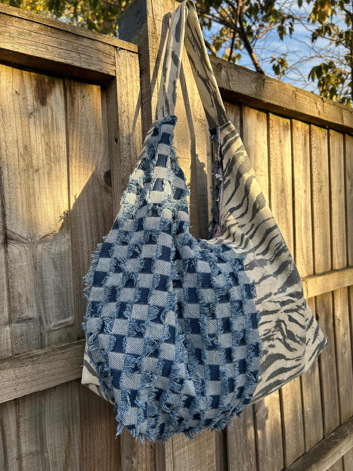 Up-cycled check Denim and Zebra print half and half  Shoulder Bag - One of a kind