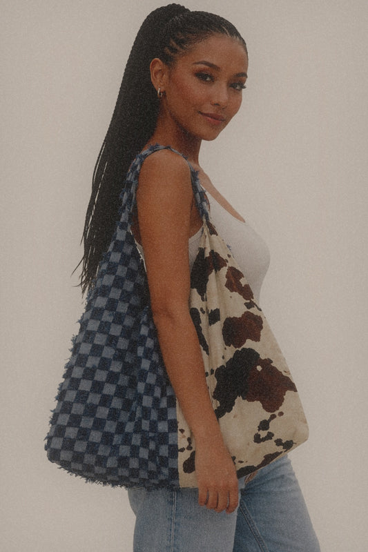 Denim and Cow print Everything Shoulder Bag - Blues