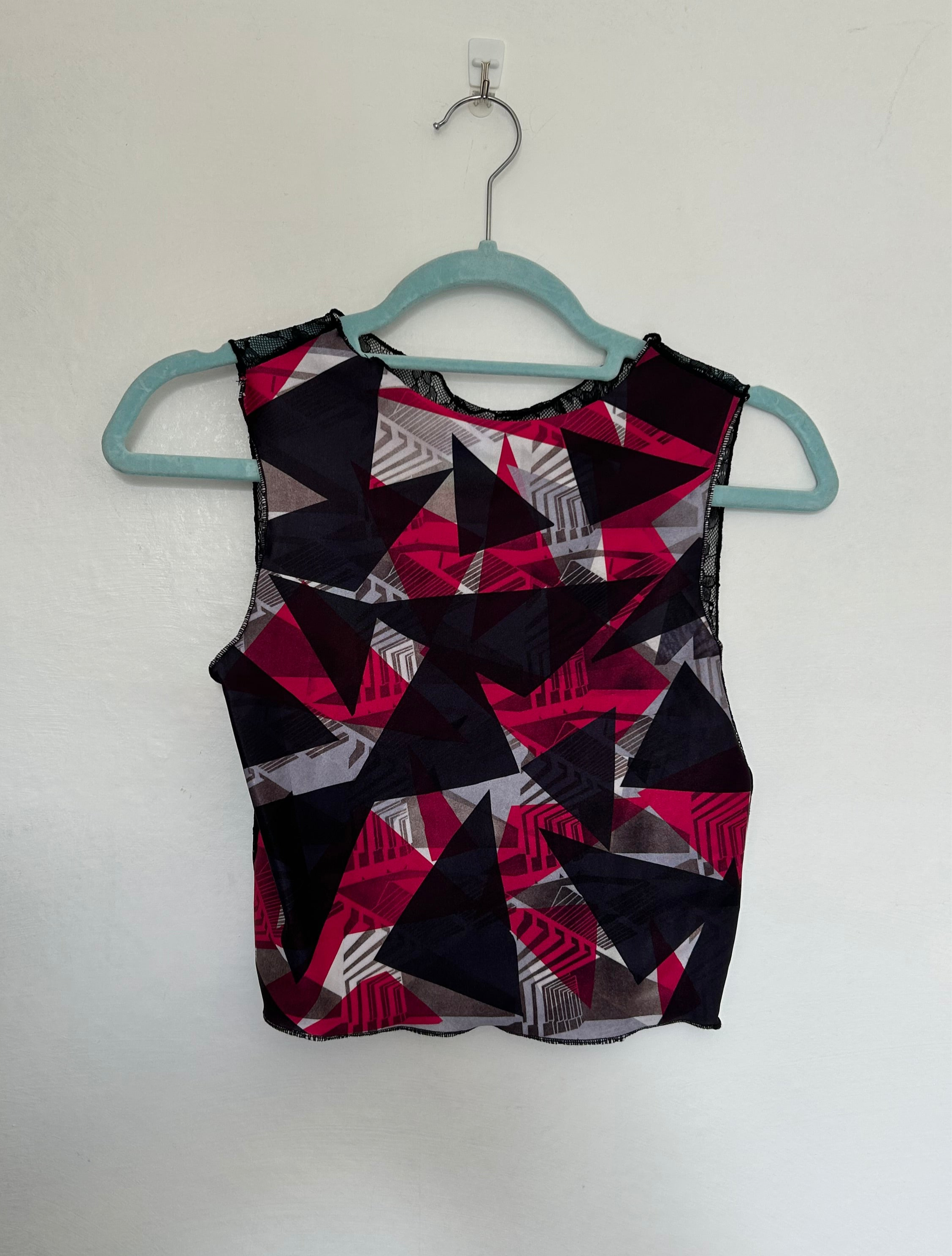 Printed Crop top | Black and Pink Triangle with Lace back | Medium