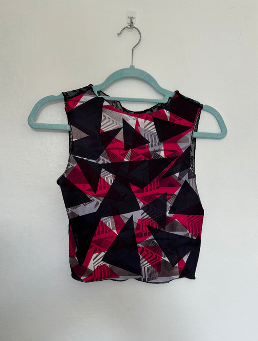 Printed Crop top | Black and Pink Triangle with Lace back | Medium