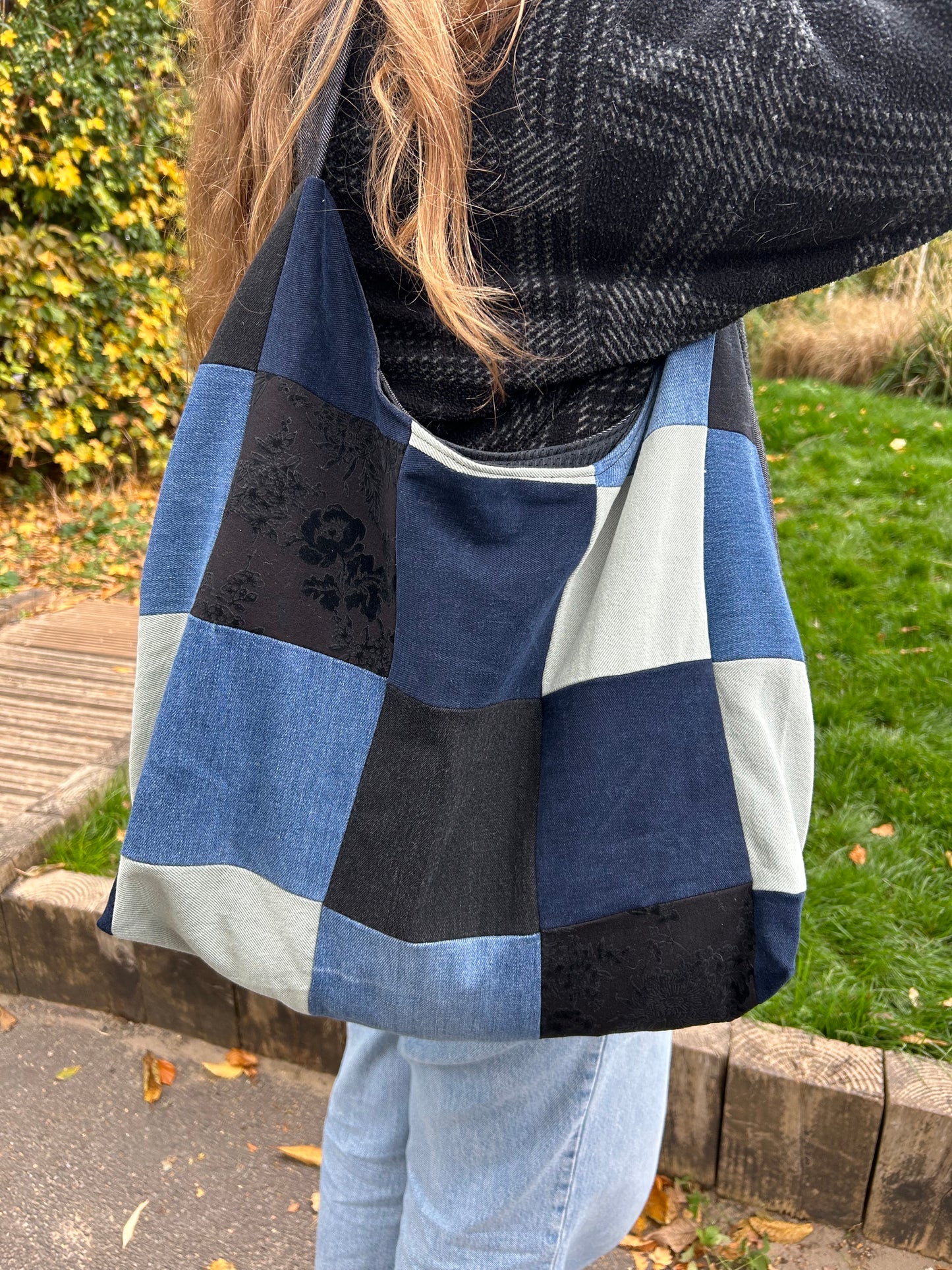 Upcycled Denim Patchwork Shoulder Bag - Blues, Black & Green