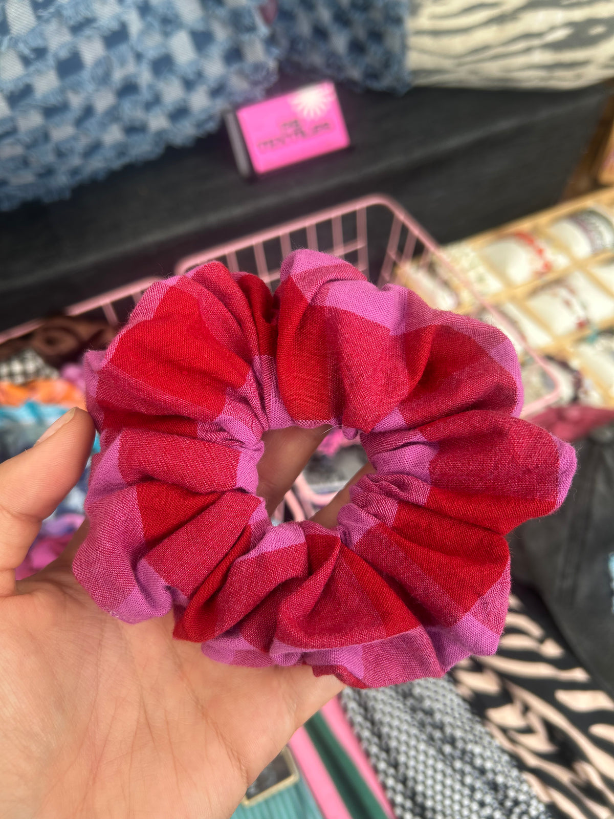 Pink and red gingham scrunchies