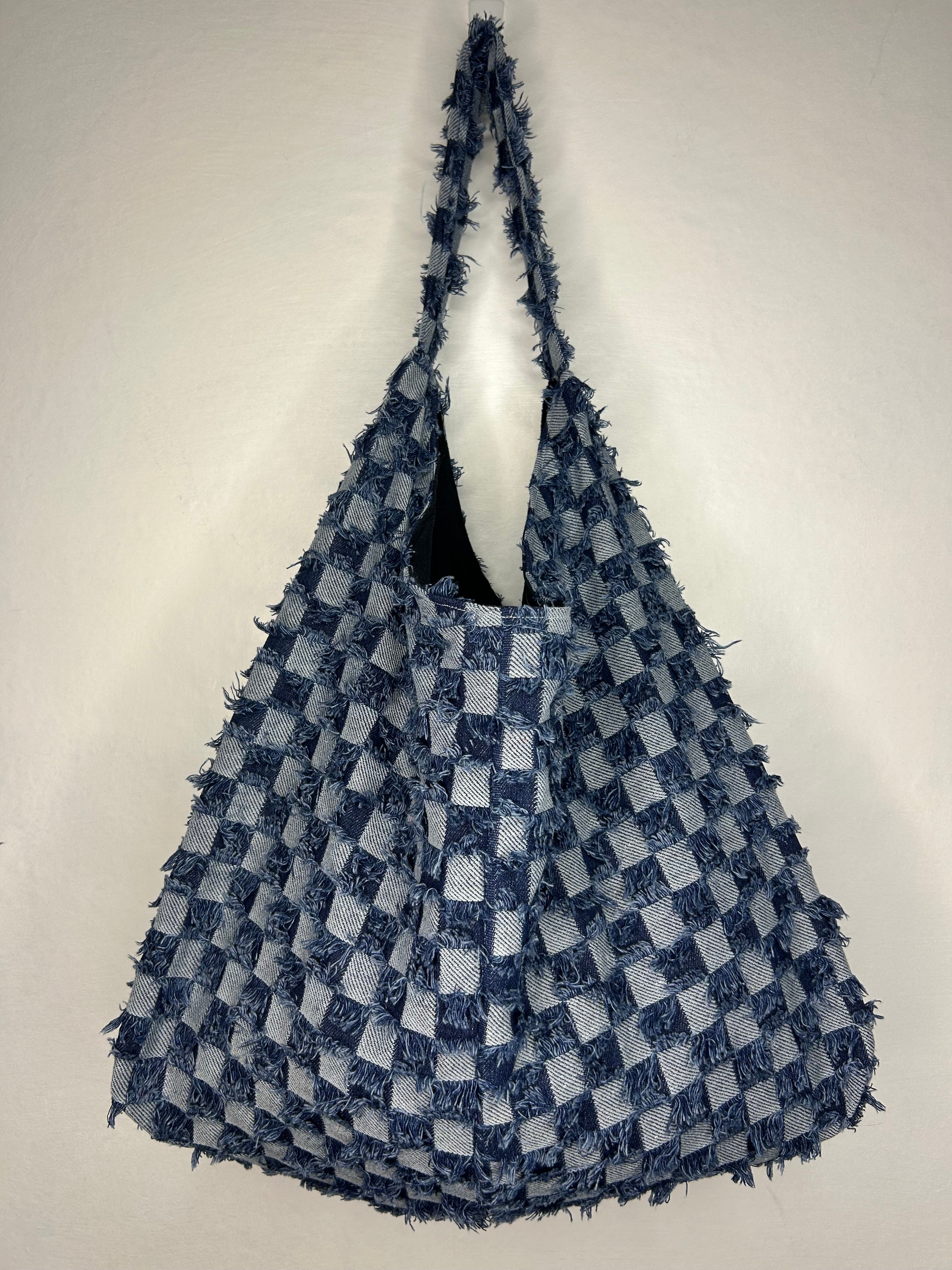 Denim and Gingham print Everything Shoulder Bag - Blues