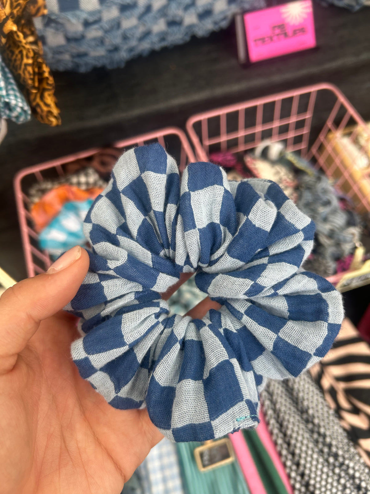 Blue check scrunchies