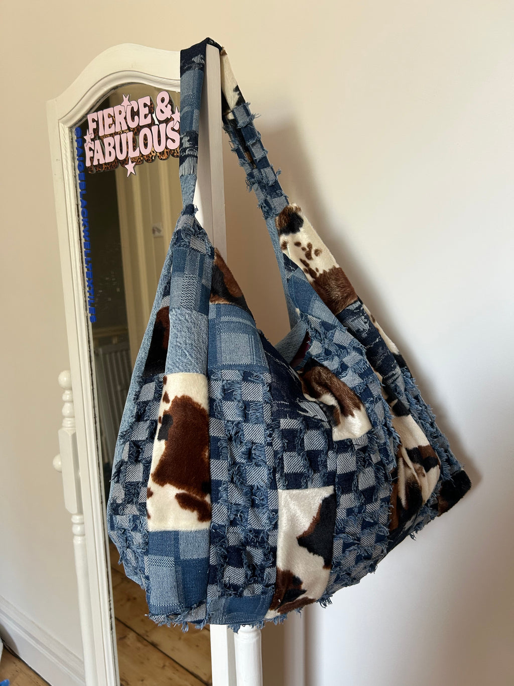 Up-cycled Denim and cow print Patchwork Shoulder Bag - One of a kind