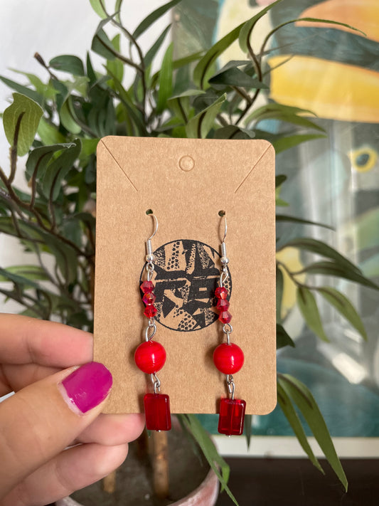 Red Beaded Statement Earrings (Up-cycled)