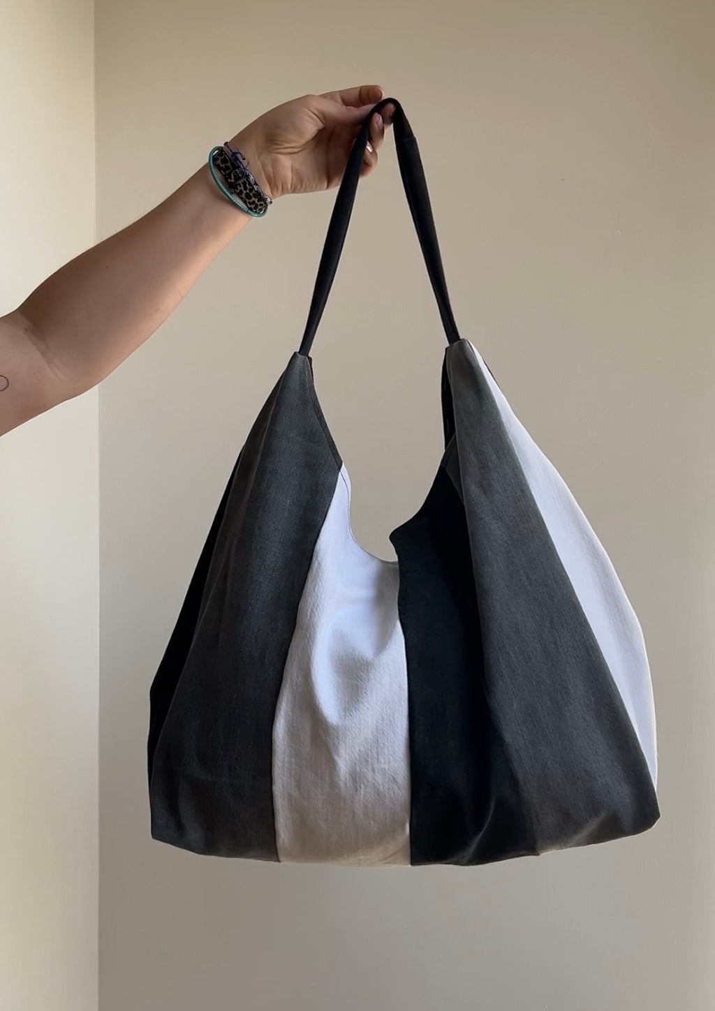 Up-cycled Denim Patchwork Shoulder Bag - Black Tones/ Black Back