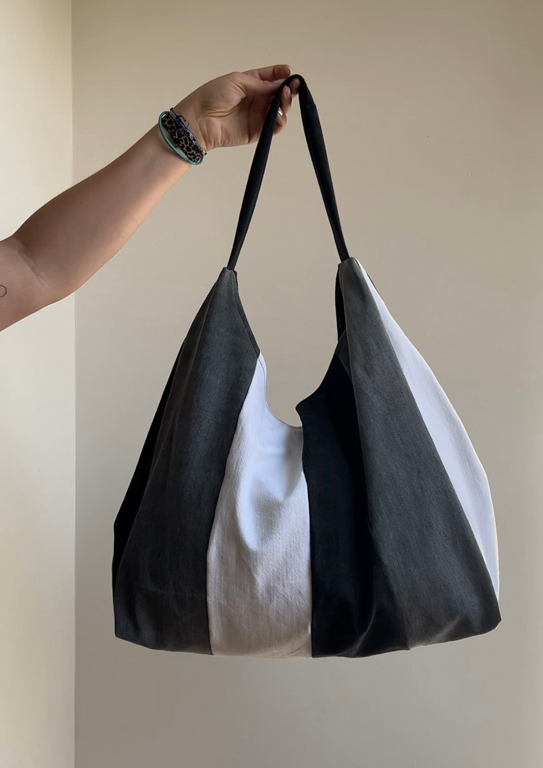 Up-cycled Denim Patchwork Shoulder Bag - Black Tones/ Black Back