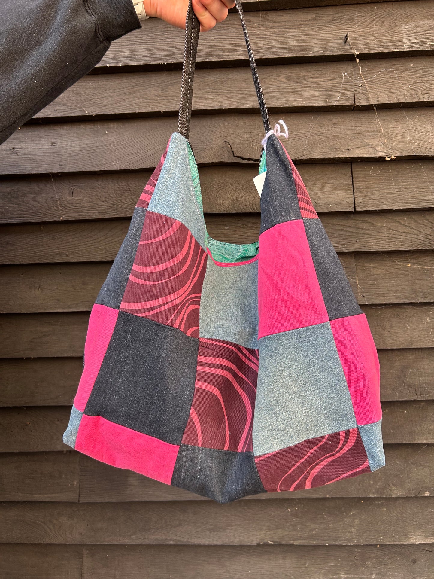 Upcycled Denim Patchwork Shoulder Bag - Blues, Pink