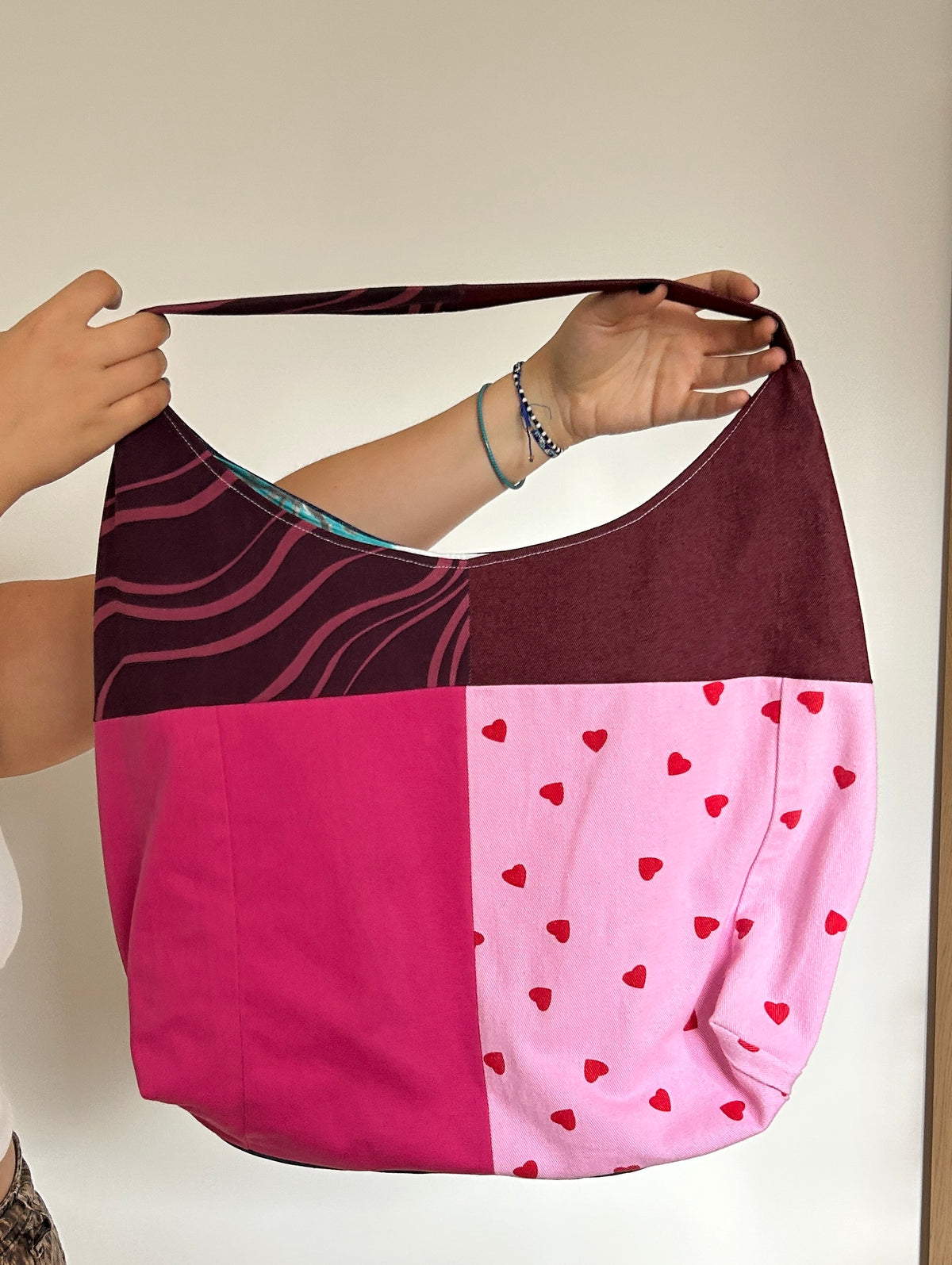 Up-cycled Denim and Heart print Patchwork Shoulder Bag - One of a kind