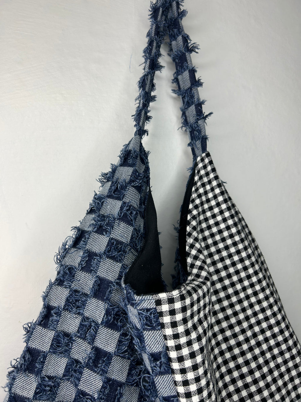 Denim and Gingham print Everything Shoulder Bag - Blues
