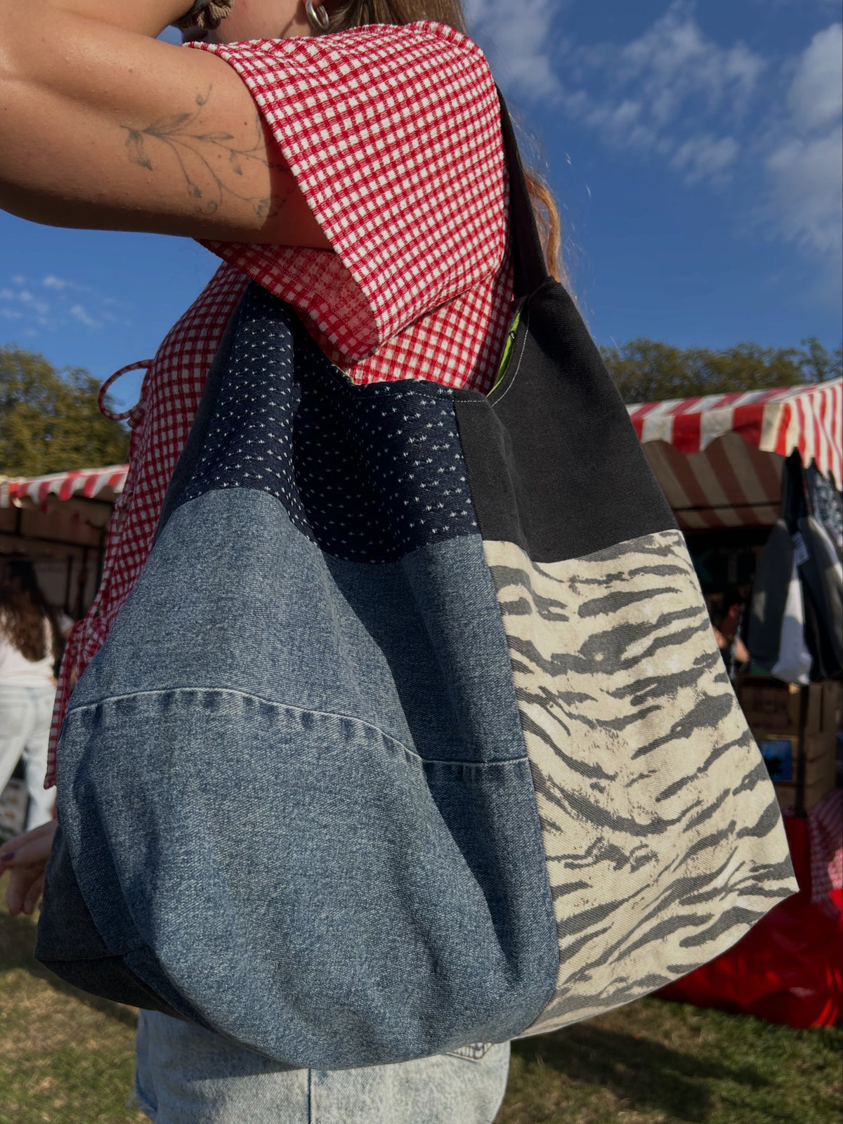 Up-cycled Denim and zebra print Patchwork Shoulder Bag - One of a kind