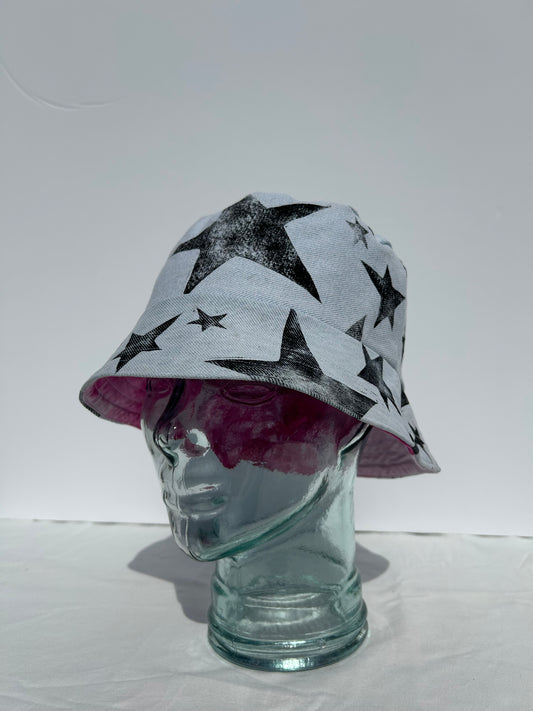 Handmade Reversible Bucket Hat - Medium Denim stars and Pink ice dye