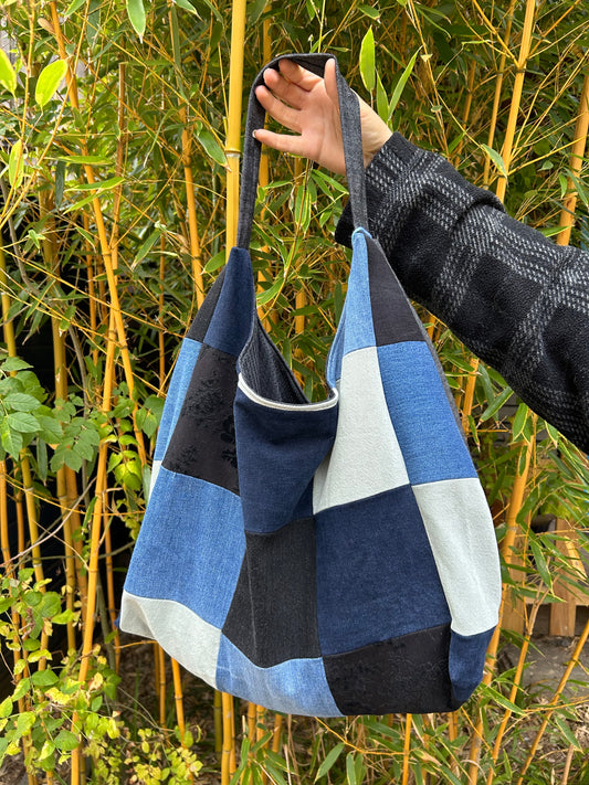 Upcycled Denim Patchwork Shoulder Bag - Blues, Black & Green