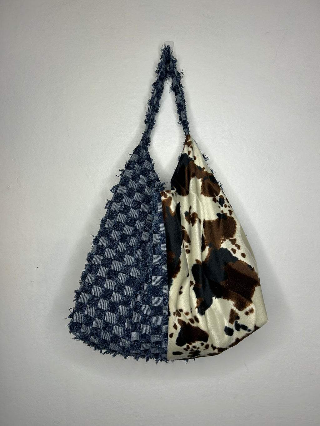 Denim and Cow print Everything Shoulder Bag - Blues