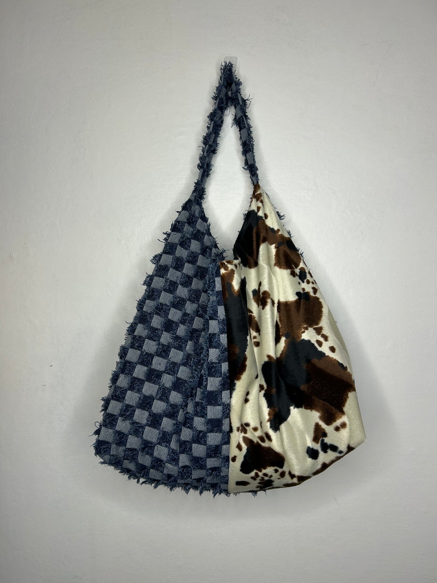 Denim and Cow print Everything Shoulder Bag - Blues