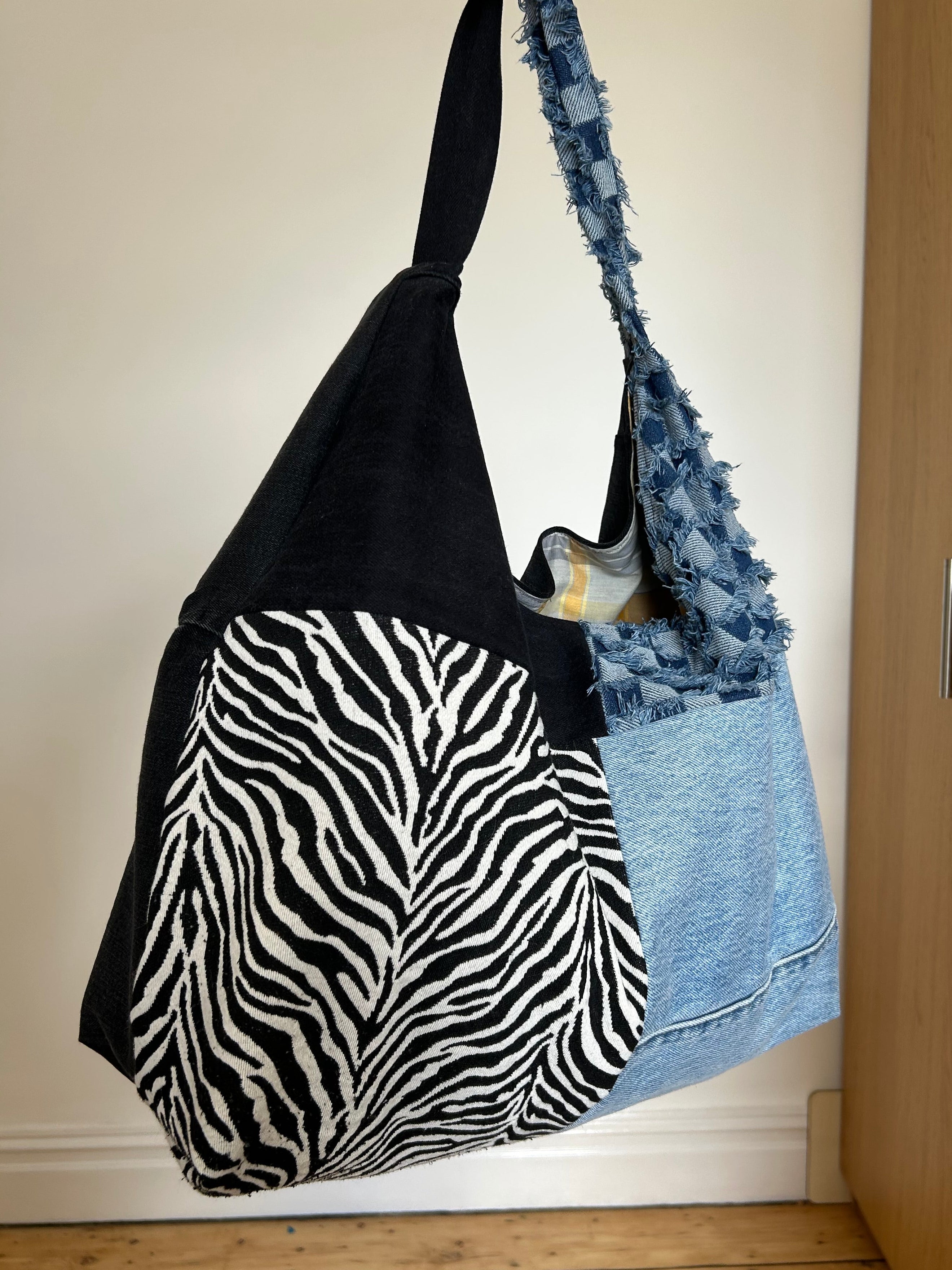 Up-cycled Denim and Zebra print Patchwork Shoulder Bag - One of a kind