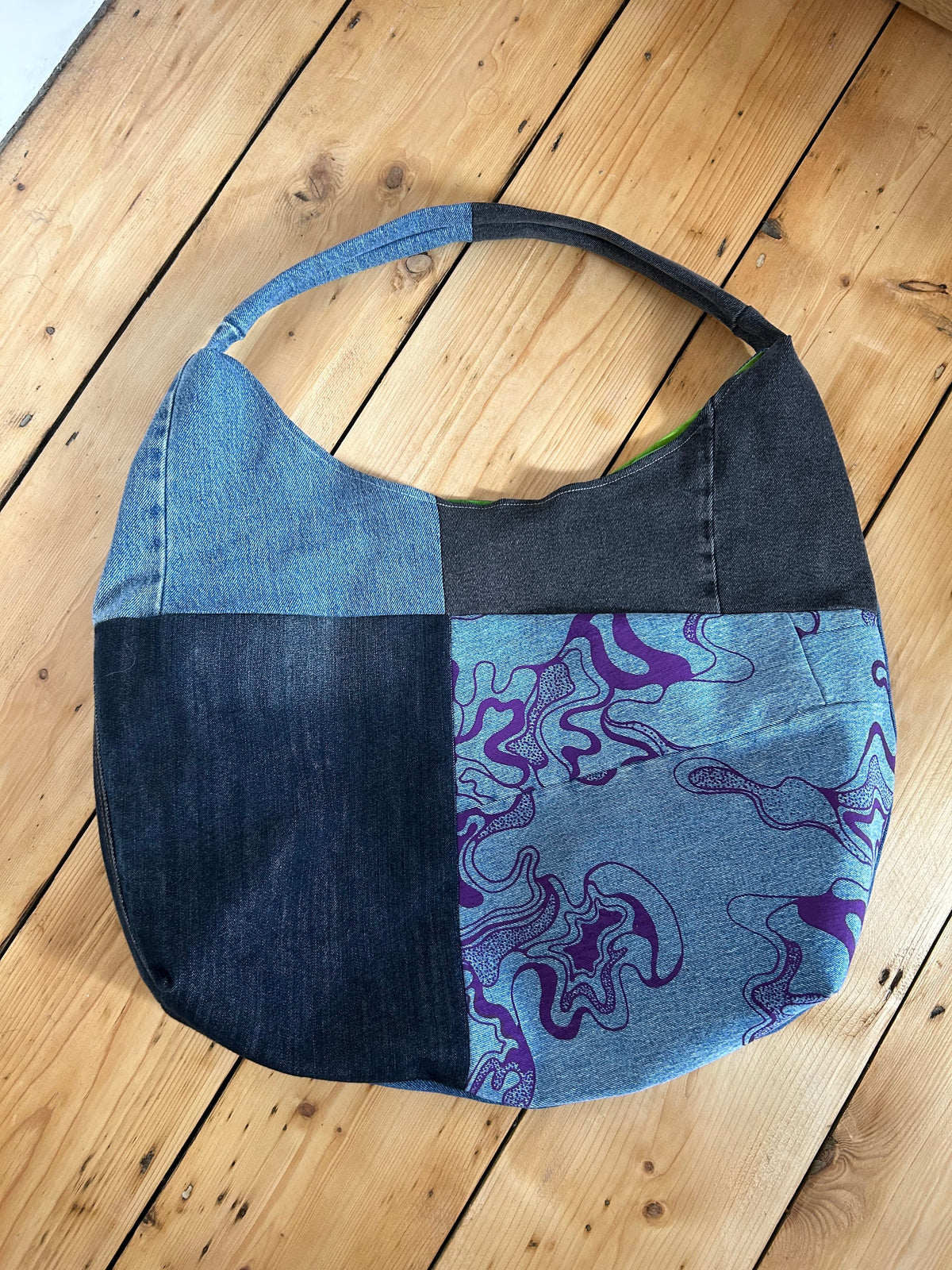Up-cycled Denim and Screen print Patchwork Shoulder Bag - One of a kind