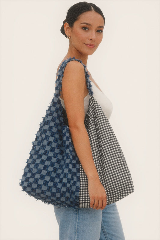 Denim and Gingham print Everything Shoulder Bag - Blues