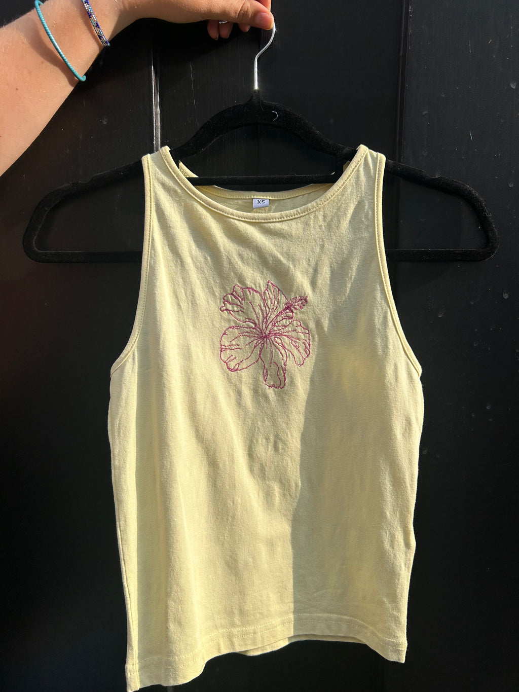 Hand Embroidered Hibiscus Tank Top | Handmade Yellow Vest