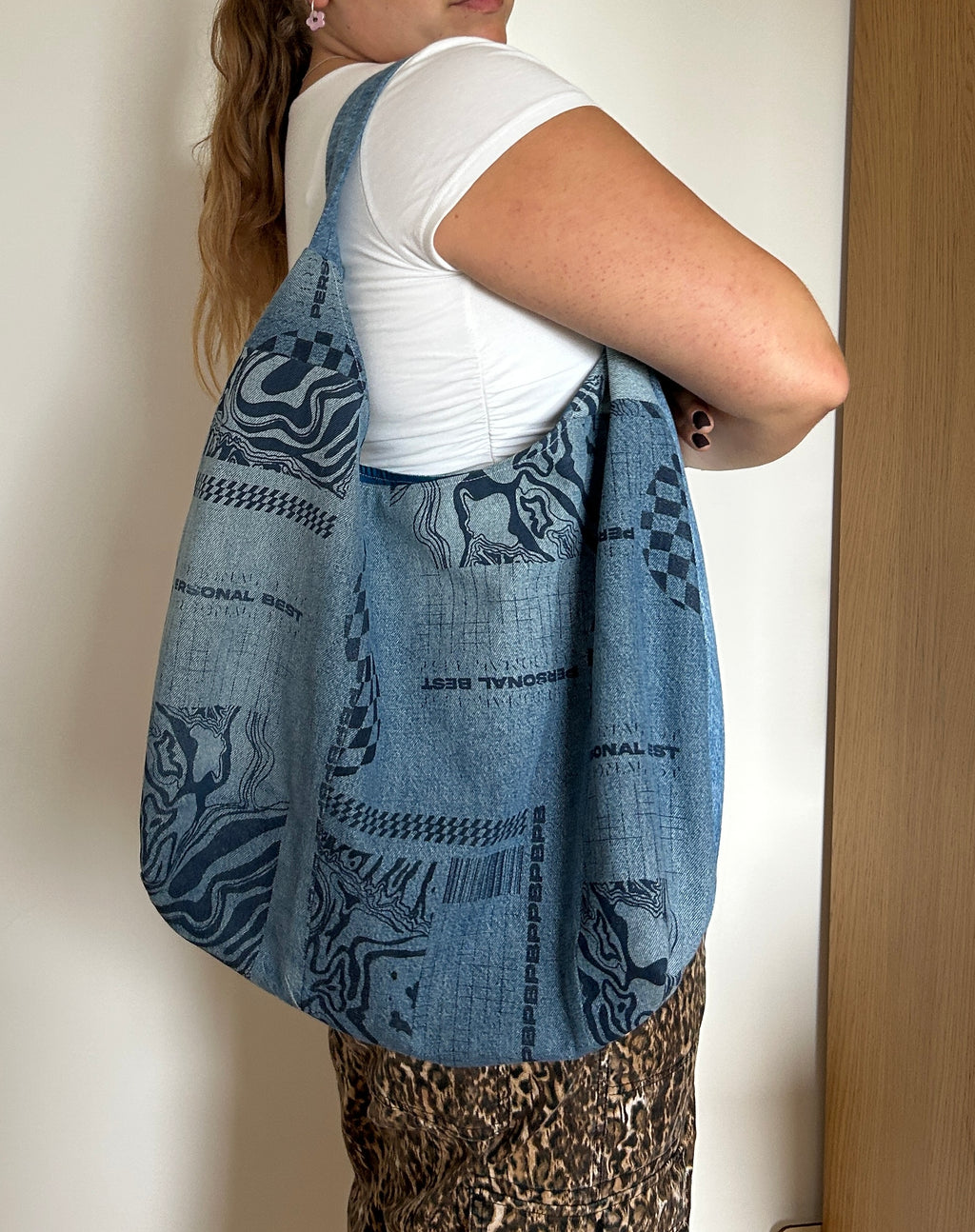 Up-cycled Denim Screen print Patchwork Shoulder Bag - One of a kind
