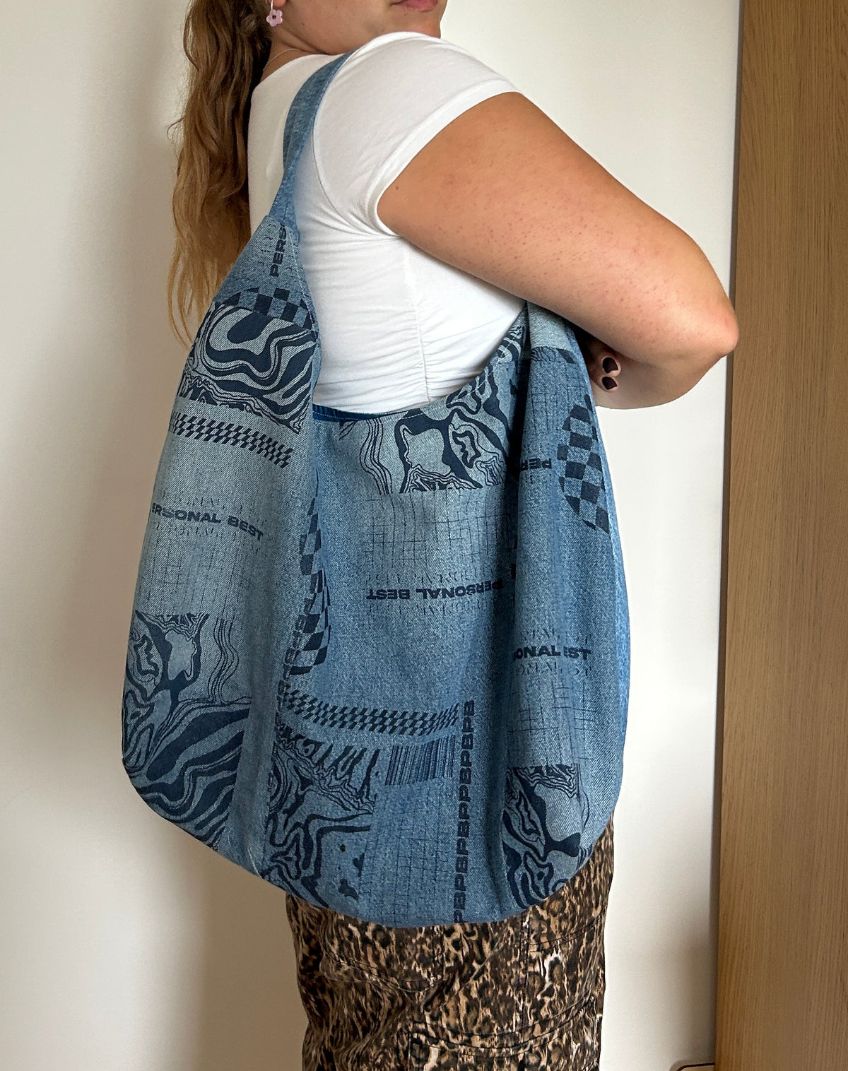 Up-cycled Denim Screen print Patchwork Shoulder Bag - One of a kind