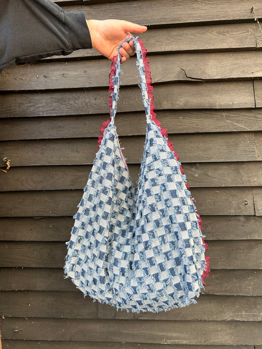 Everything Denim Shoulder Bag - Denim with Burgundy trim