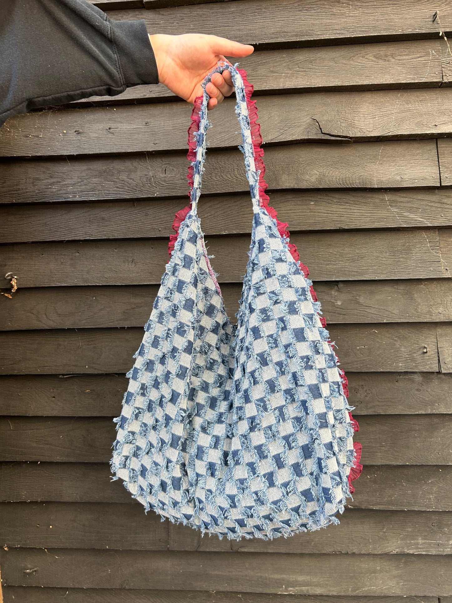 Everything Denim Shoulder Bag - Denim with Burgundy trim