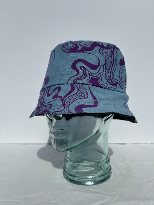Handmade Reversible Bucket Hat - Purple swirl and Black Denim PB Print