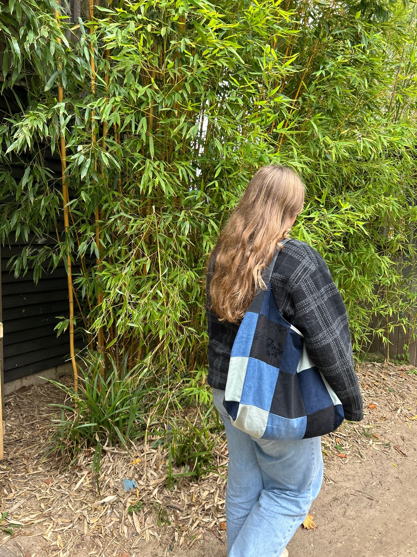Upcycled Denim Patchwork Shoulder Bag - Blues, Black & Green
