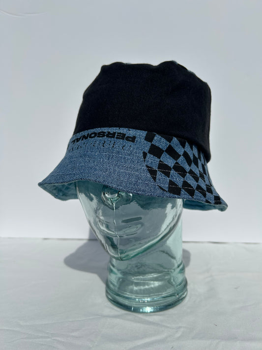 Handmade Reversible Bucket Hat - Medium Black & Blue Denim PB print and Blue Ice Dye