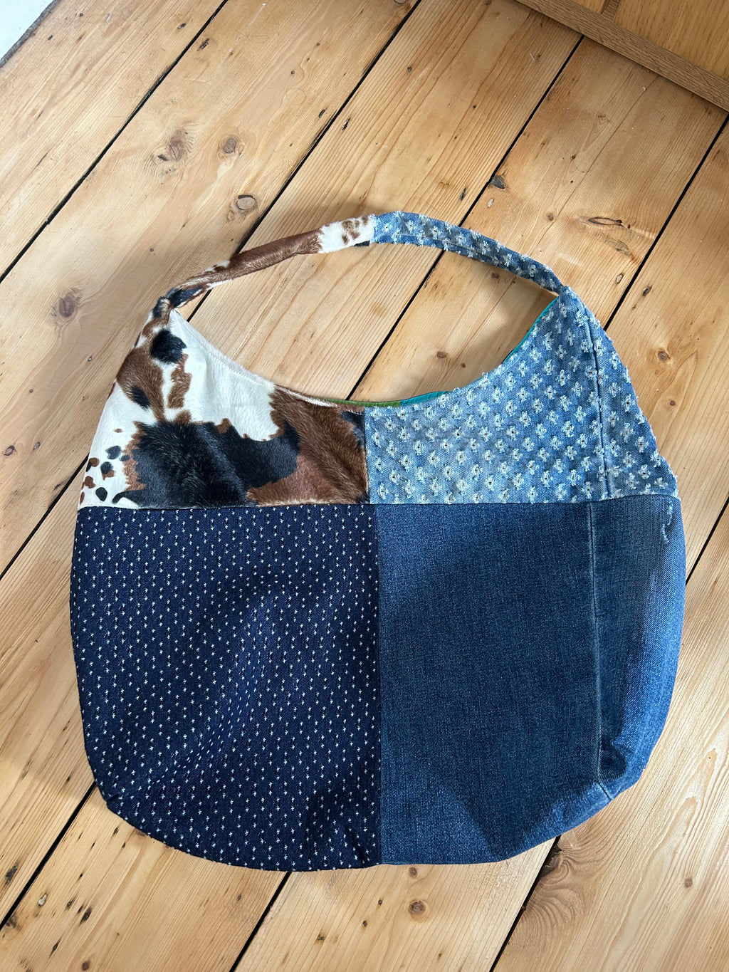 Up-cycled Denim and Cow print Patchwork Shoulder Bag - One of a kind