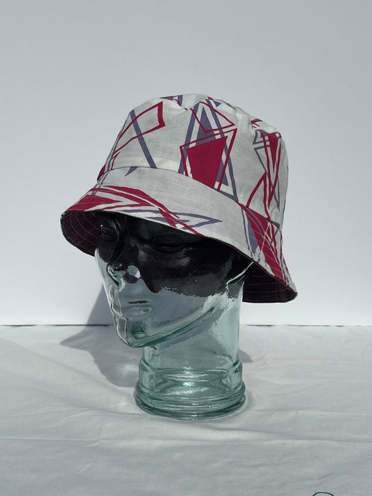 Handmade Reversible Bucket Hat - Medium Triangle print and Purple Denim