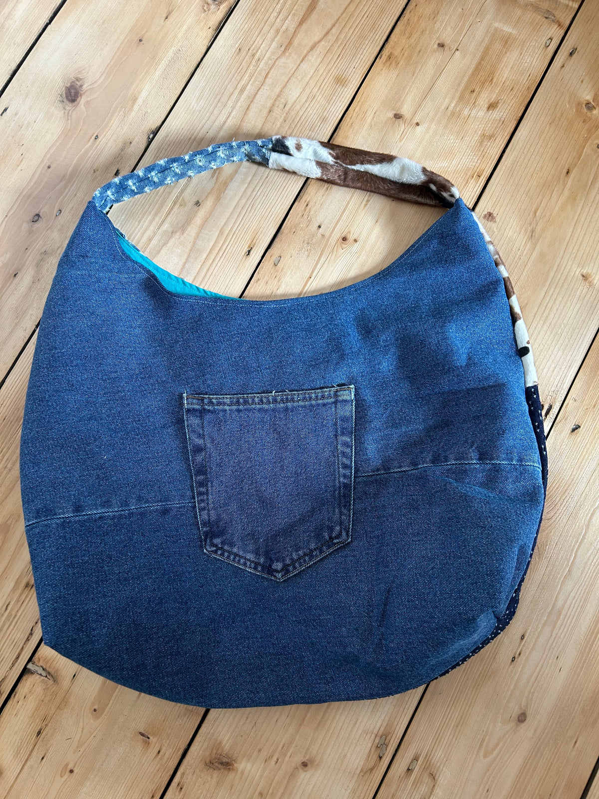 Up-cycled Denim and Cow print Patchwork Shoulder Bag - One of a kind