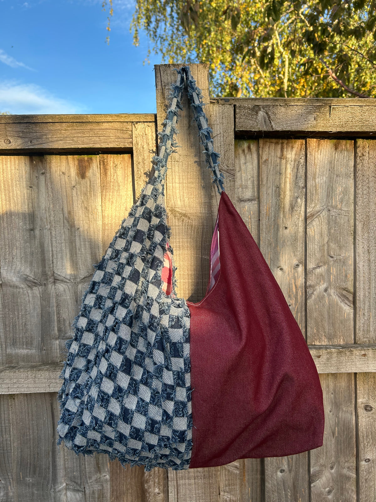 Up-cycled check Denim and Red half and half Shoulder Bag - One of a kind